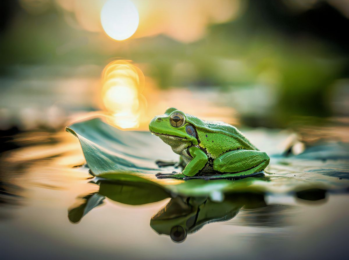 Ein Frosch ruht sich aus auf einem Seerosenblatt.