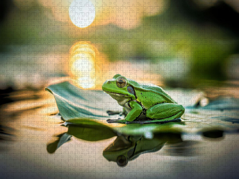 Ein Frosch ruht sich aus auf einem Seerosenblatt.