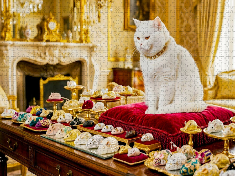 Prunksaal Katze mit edler Sammlung luxuriöser Mäusespielzeuge
