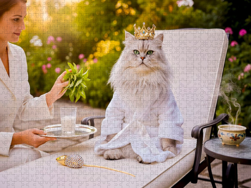 Perserkatze im Garten auf Liegestuhl mit königlichen Wellnessaccessoires