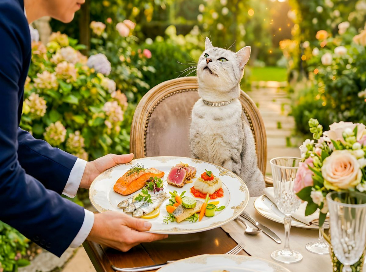 Katze am Gartentisch mit edlem Service luxuriöser Fischhäppchen