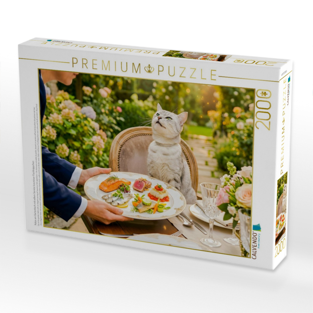 Katze am Gartentisch mit edlem Service luxuriöser Fischhäppchen