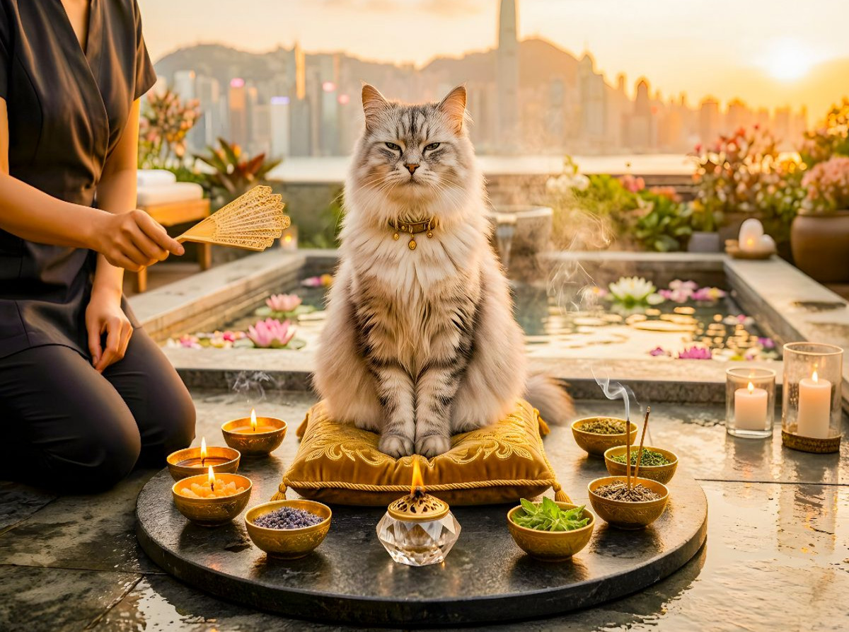 Getigerte Langhaarkatze auf asiatischer Dachterrasse mit aromatischer Abendstimmung