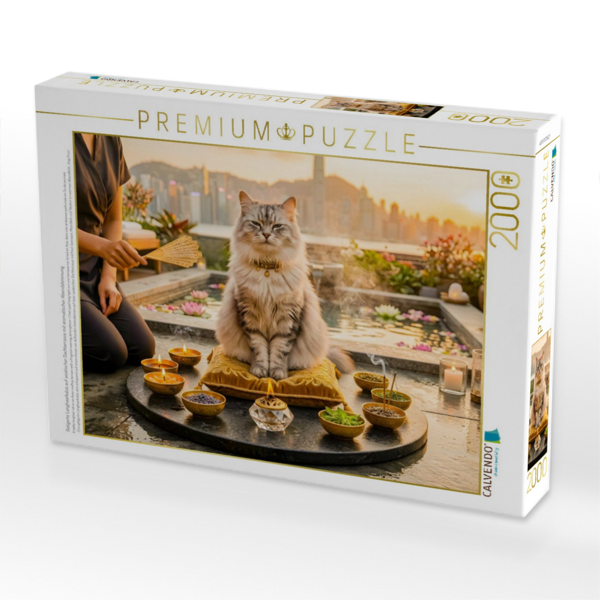 Getigerte Langhaarkatze auf asiatischer Dachterrasse mit aromatischer Abendstimmung