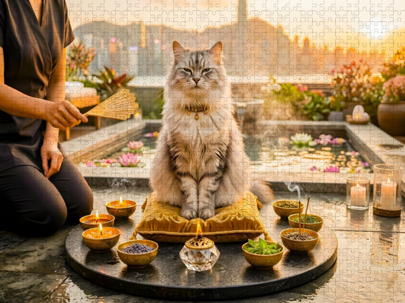 Getigerte Langhaarkatze auf asiatischer Dachterrasse mit aromatischer Abendstimmung