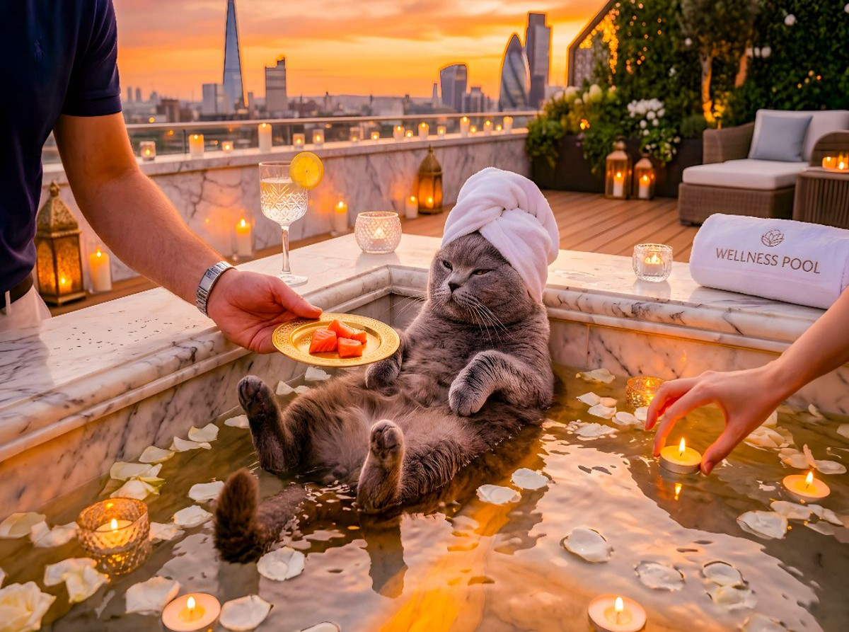 Himalayan Katze im Dachterrassenpool mit luxuriösem Wellnessservice entspannt