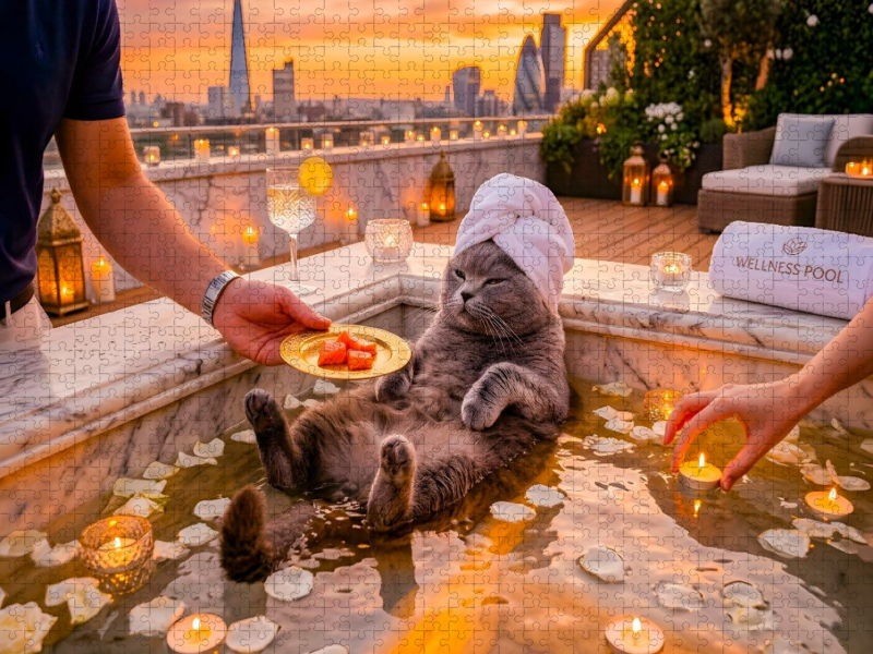 Himalayan Katze im Dachterrassenpool mit luxuriösem Wellnessservice entspannt