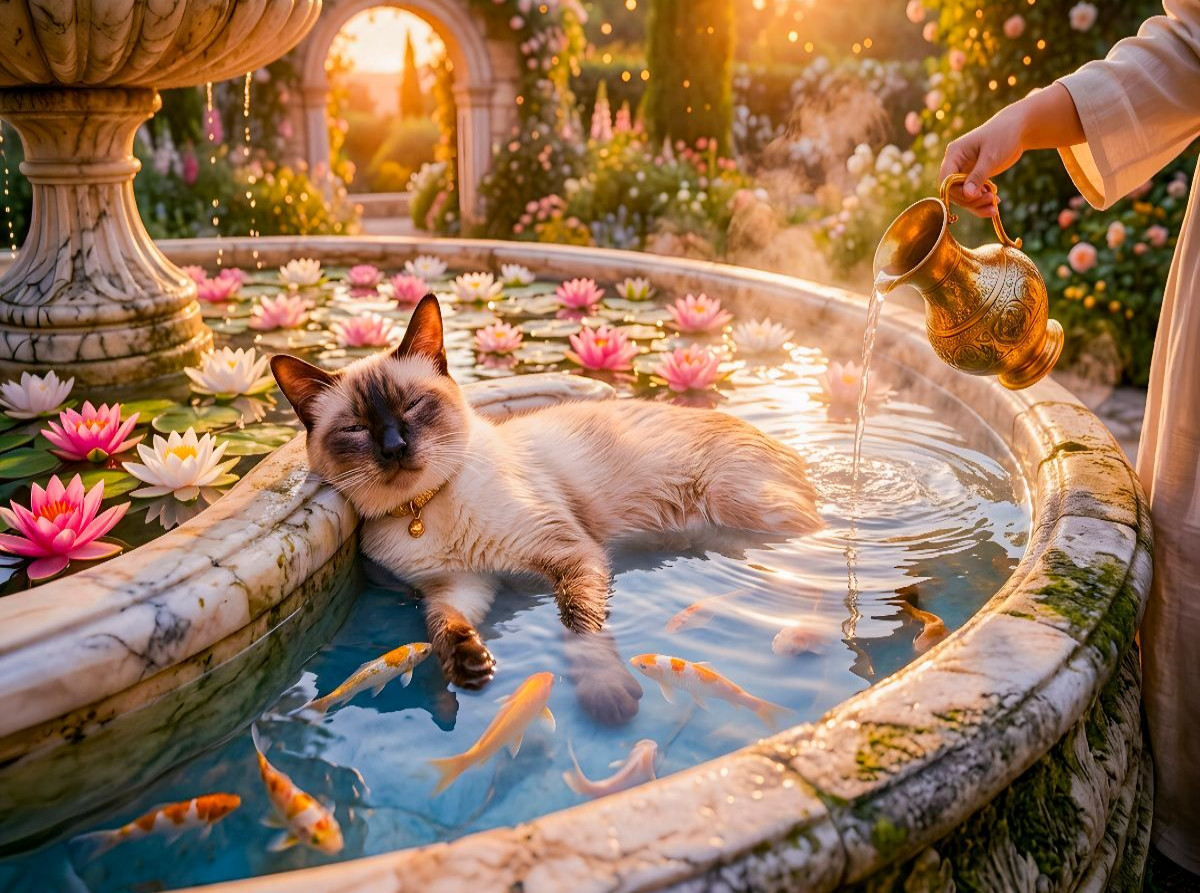 Himalayan Katze im indischen Coispringbrunnen mit entspannter Abendatmosphäre