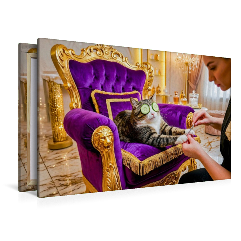 Getigerte Katze im vergoldeten Ohrensessel bei luxuriöser Wellnessmaniküre