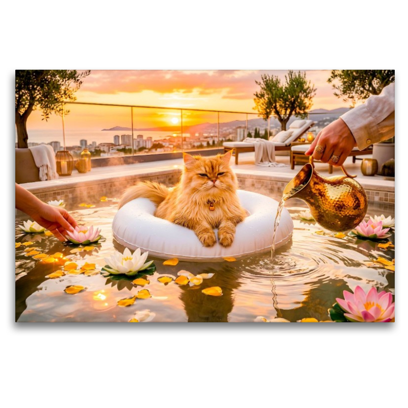 Langhaarkatze auf Schwimminsel im Dachterrassenpool bei mediterranem Sonnenuntergang