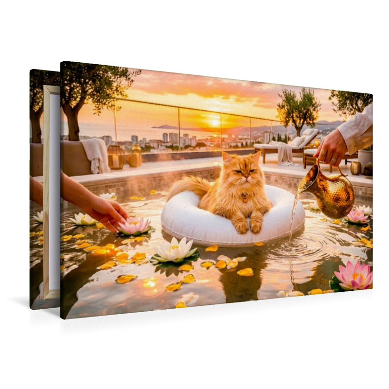 Langhaarkatze auf Schwimminsel im Dachterrassenpool bei mediterranem Sonnenuntergang