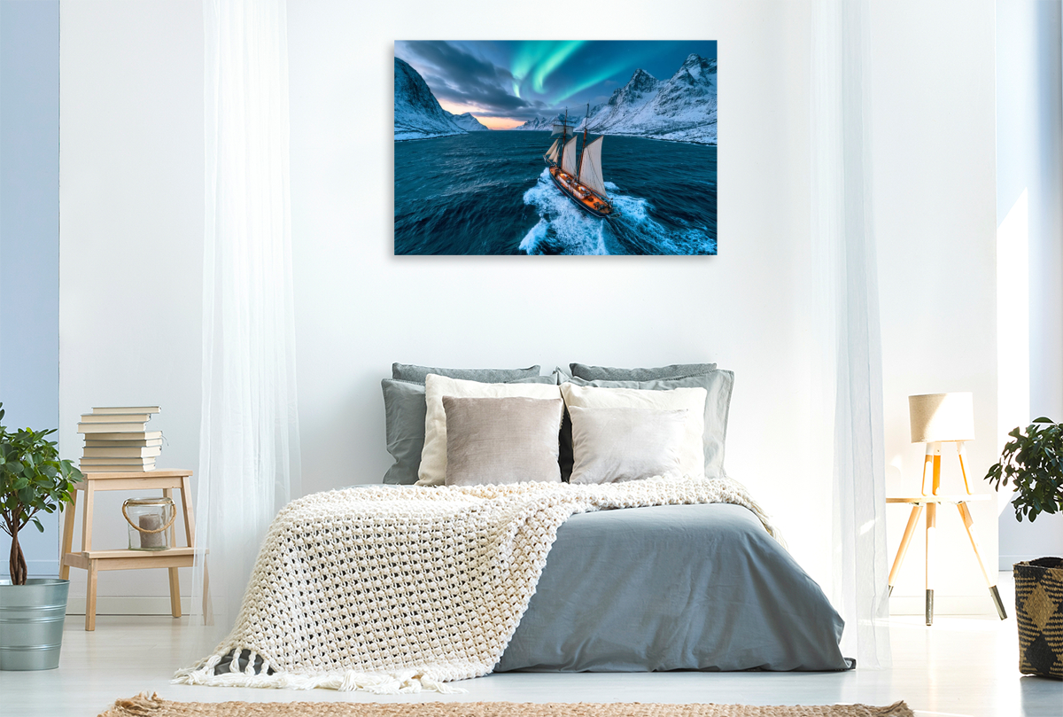 Dreimast-Segelschiff im winterlichen Fjord