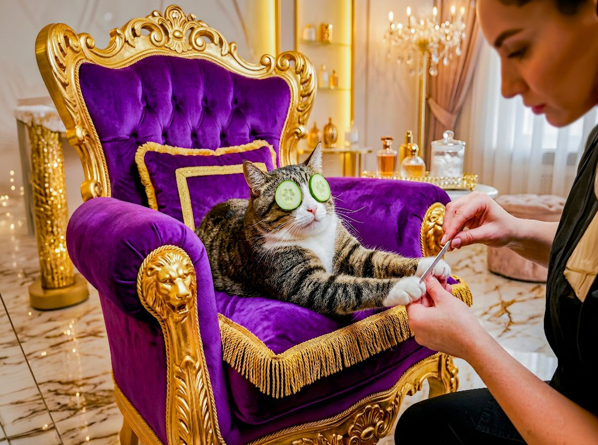 Getigerte Katze im vergoldeten Ohrensessel bei luxuriöser Wellnessmaniküre