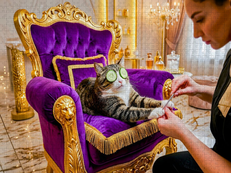 Getigerte Katze im vergoldeten Ohrensessel bei luxuriöser Wellnessmaniküre