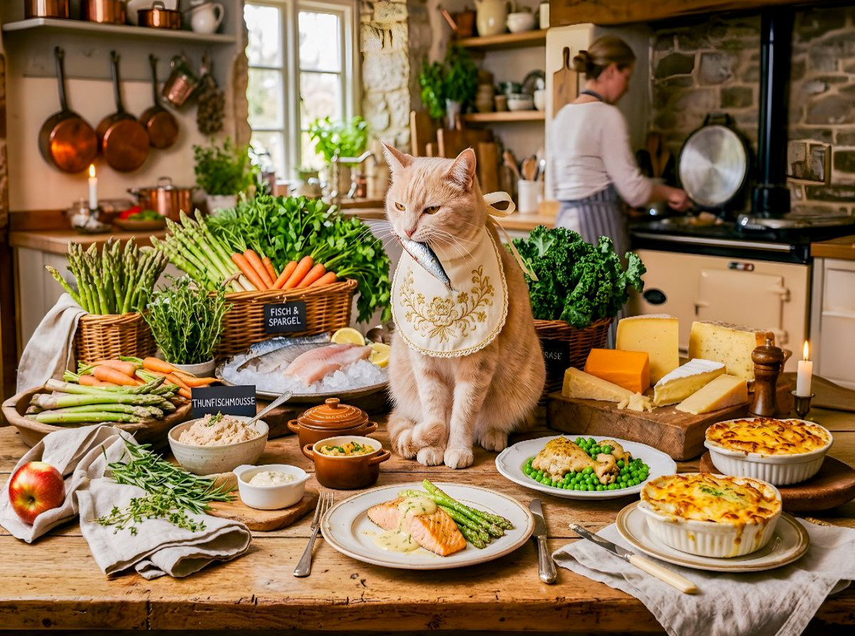 Katze am Tisch mit Auswahl handzubereiteter Bio Wellness Köstlichkeiten