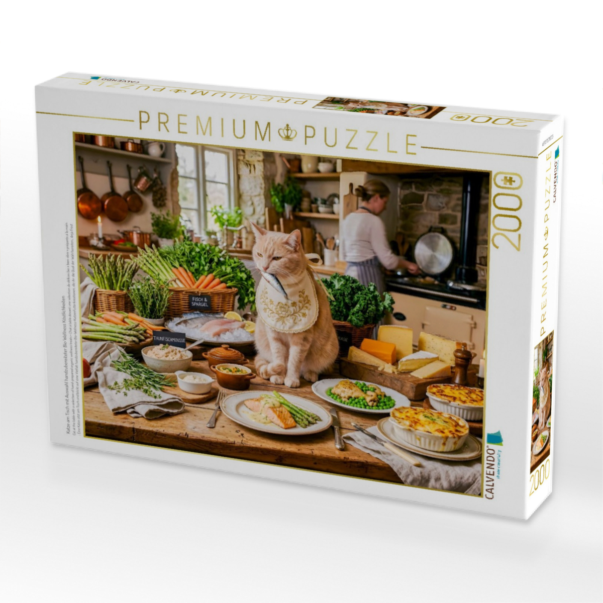 Katze am Tisch mit Auswahl handzubereiteter Bio Wellness Köstlichkeiten