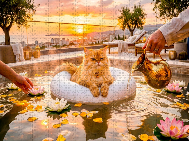 Langhaarkatze auf Schwimminsel im Dachterrassenpool bei mediterranem Sonnenuntergang