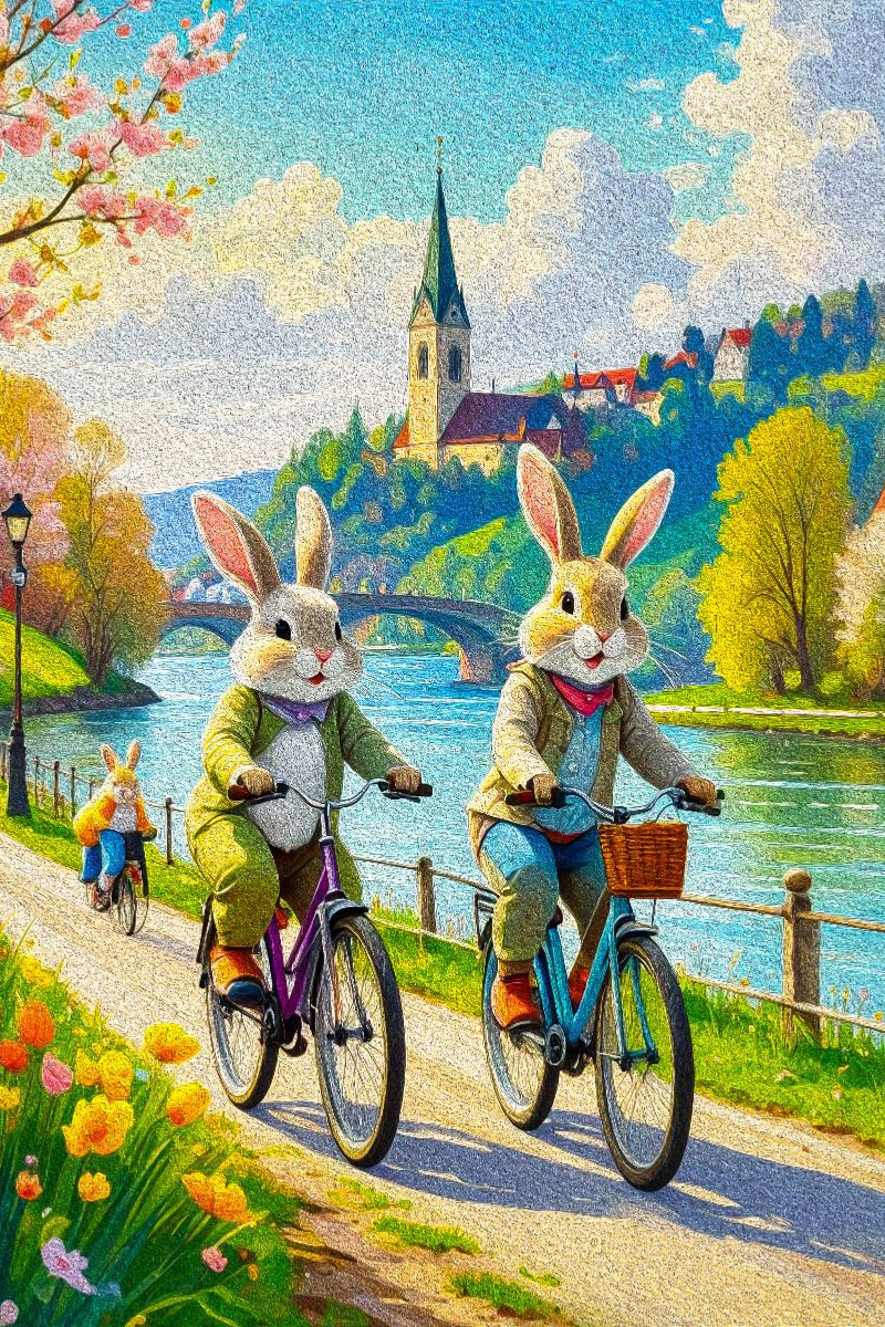 Osterhasen auf Fahrradtour an der blauen Donau