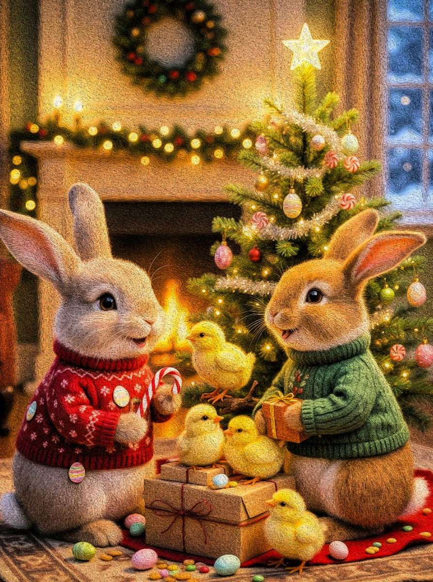 Weihnachtsfeier bei Osterhasen mit  kleinen Küken
