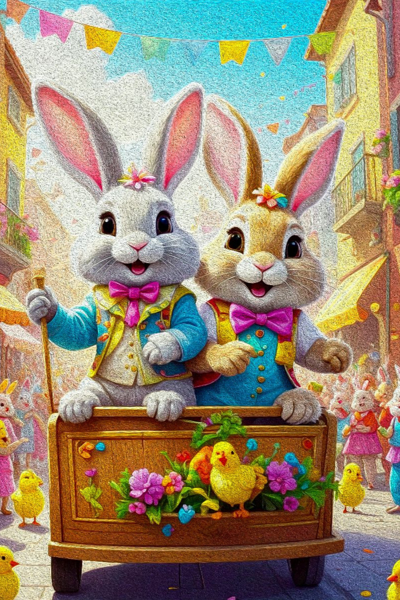 Zwei lustige Osterhasen auf einem schmucken Umzugswagen