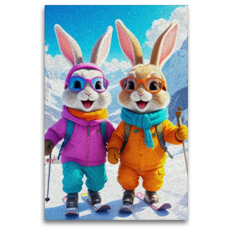 Lustige Osterhasen beim Skifahren
