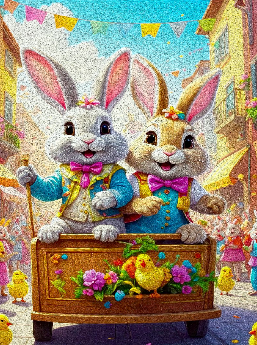 Zwei lustige Osterhasen auf einem schmucken Umzugswagen