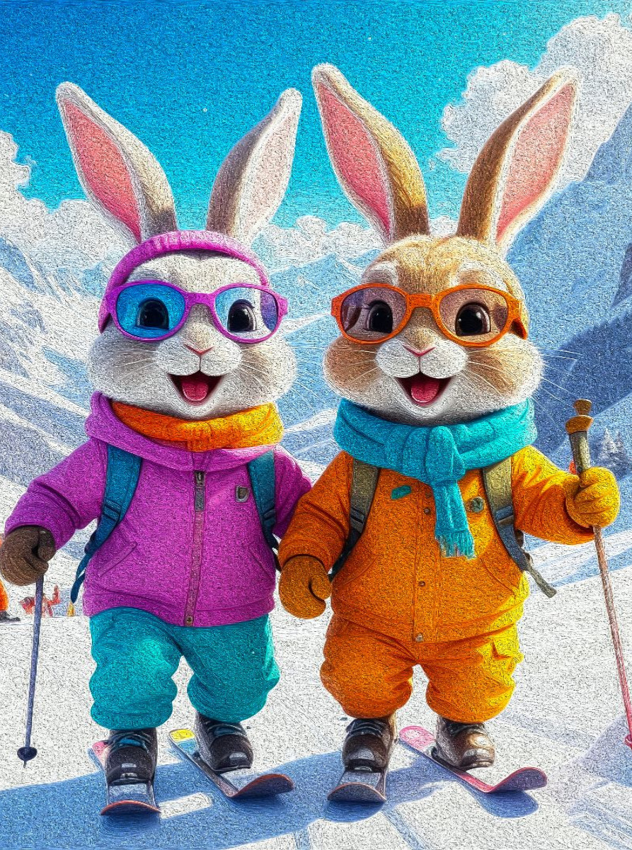 Lustige Osterhasen beim Skifahren
