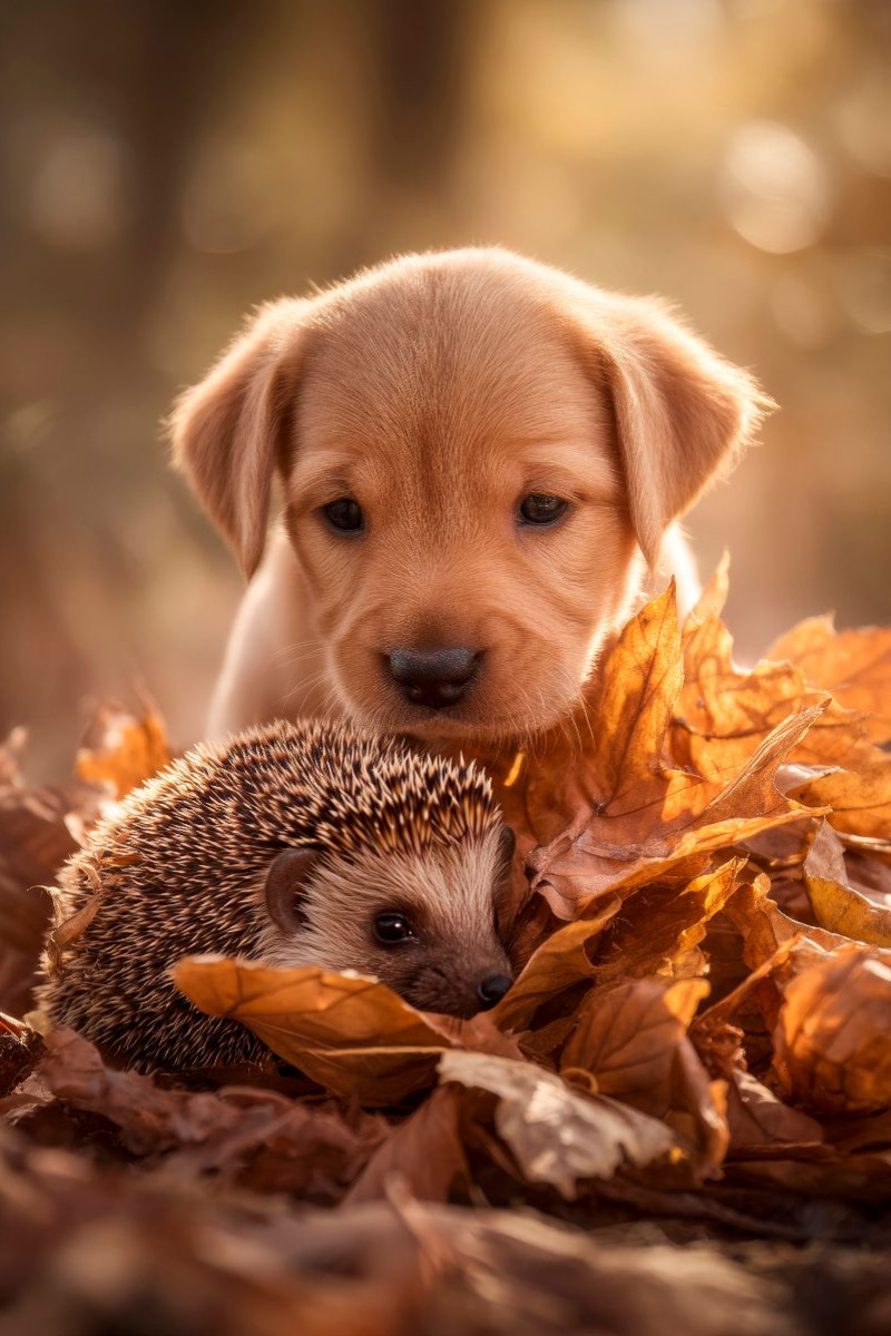 Igel und Welpe - Tierischer Herbstzauber