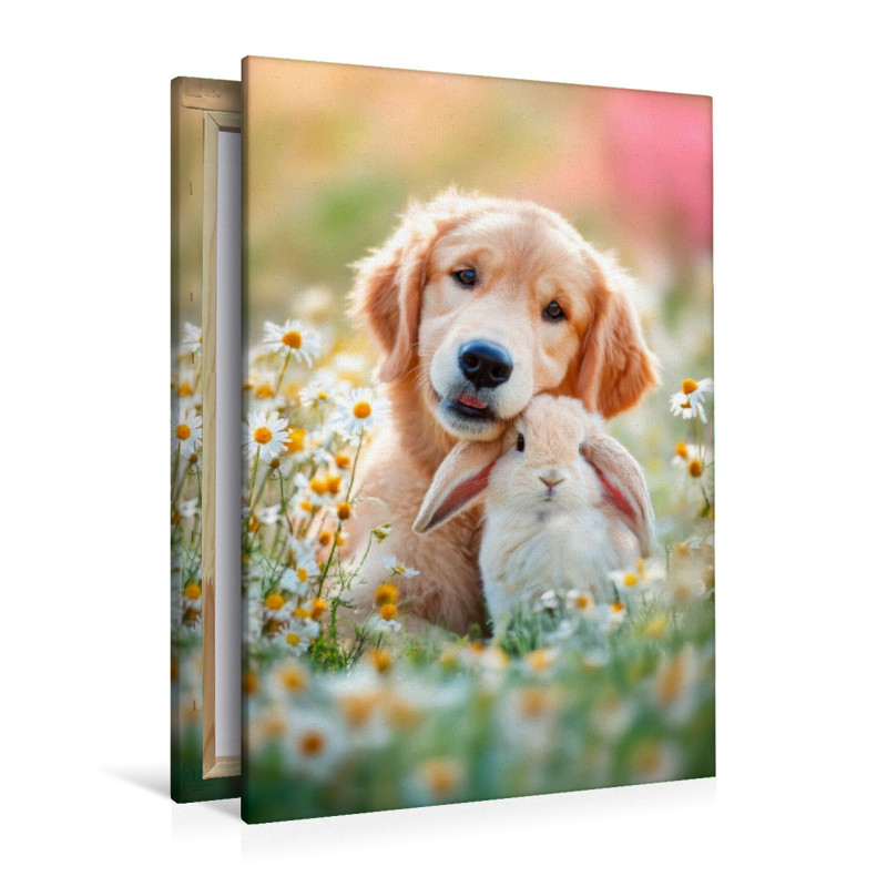 Welpe und Kaninchen - Freundschaft im Blumenmeer