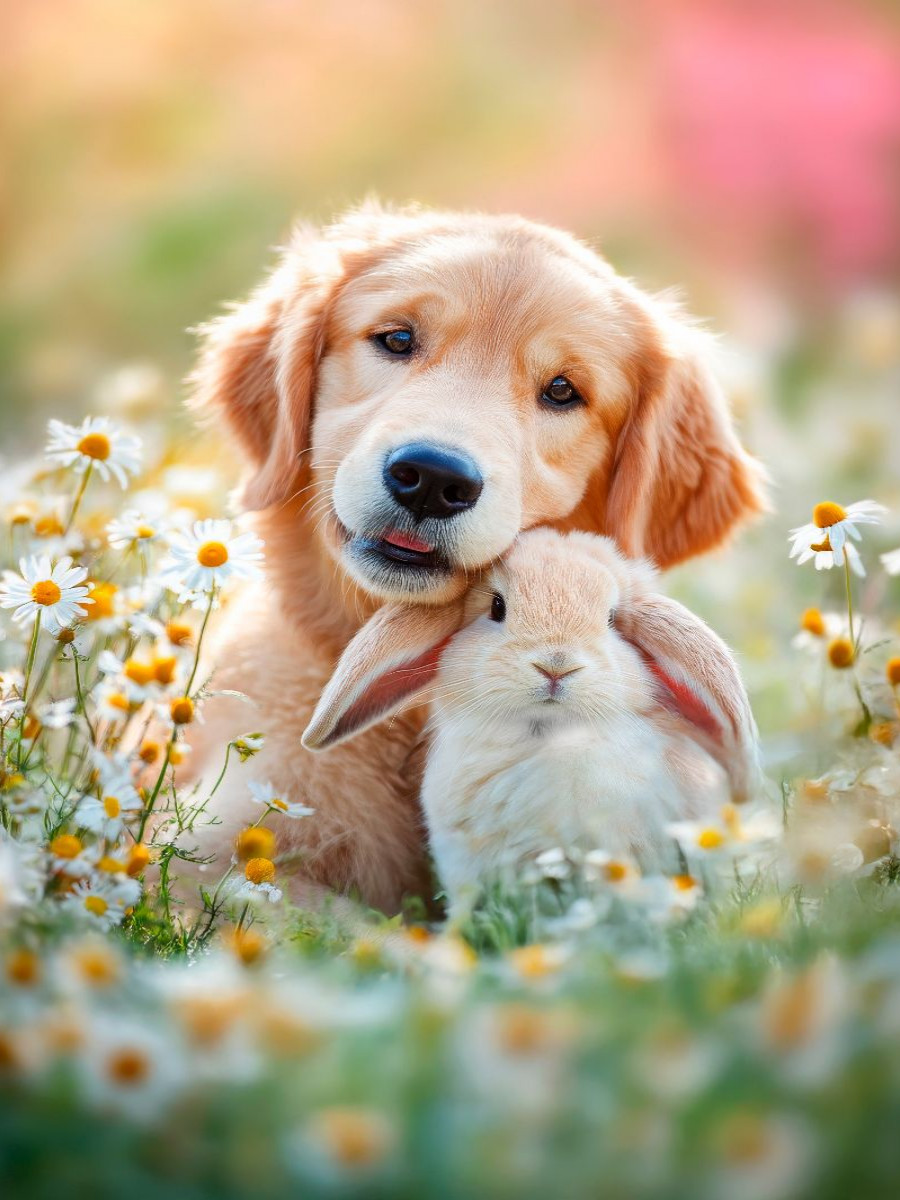 Welpe und Kaninchen - Freundschaft im Blumenmeer