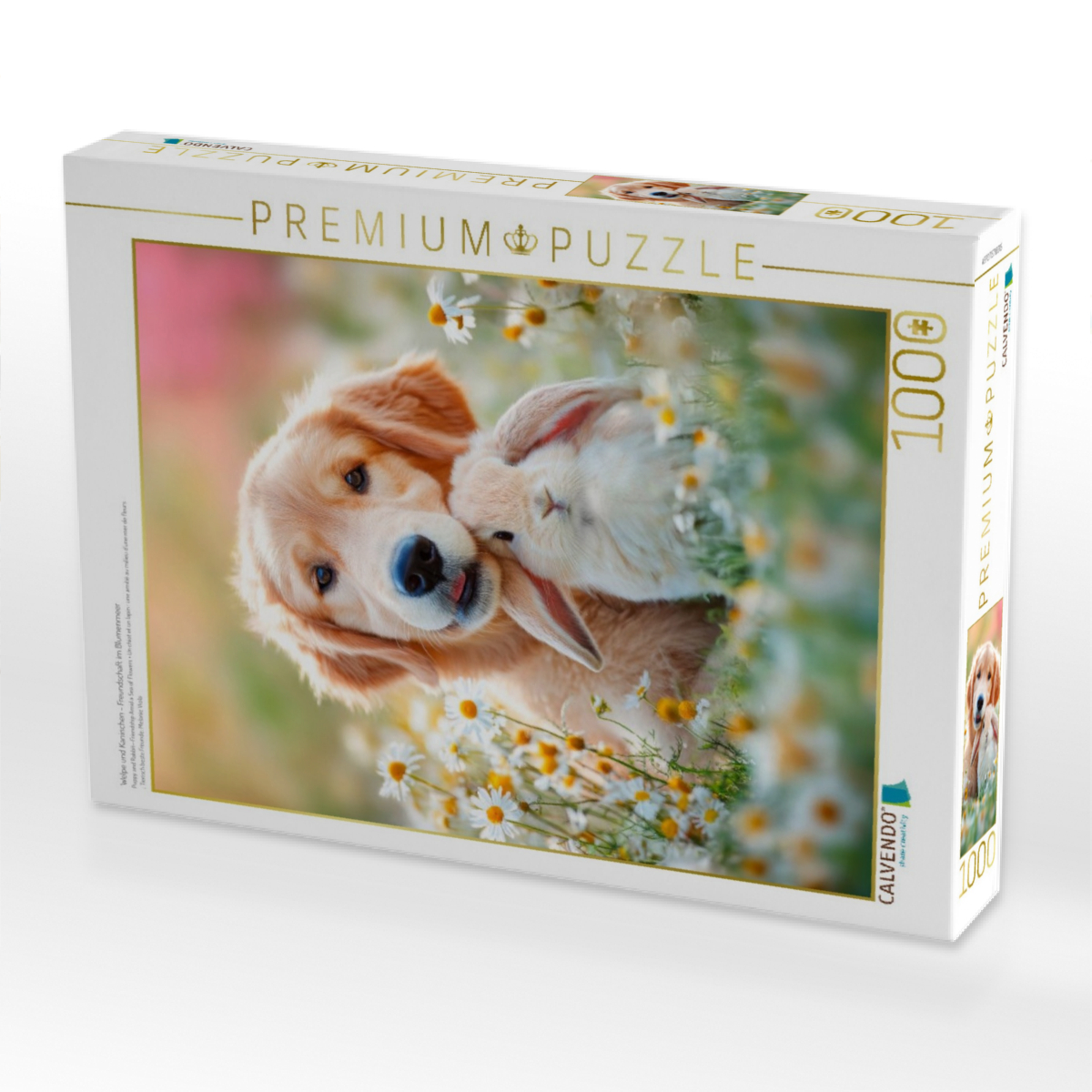 Welpe und Kaninchen - Freundschaft im Blumenmeer