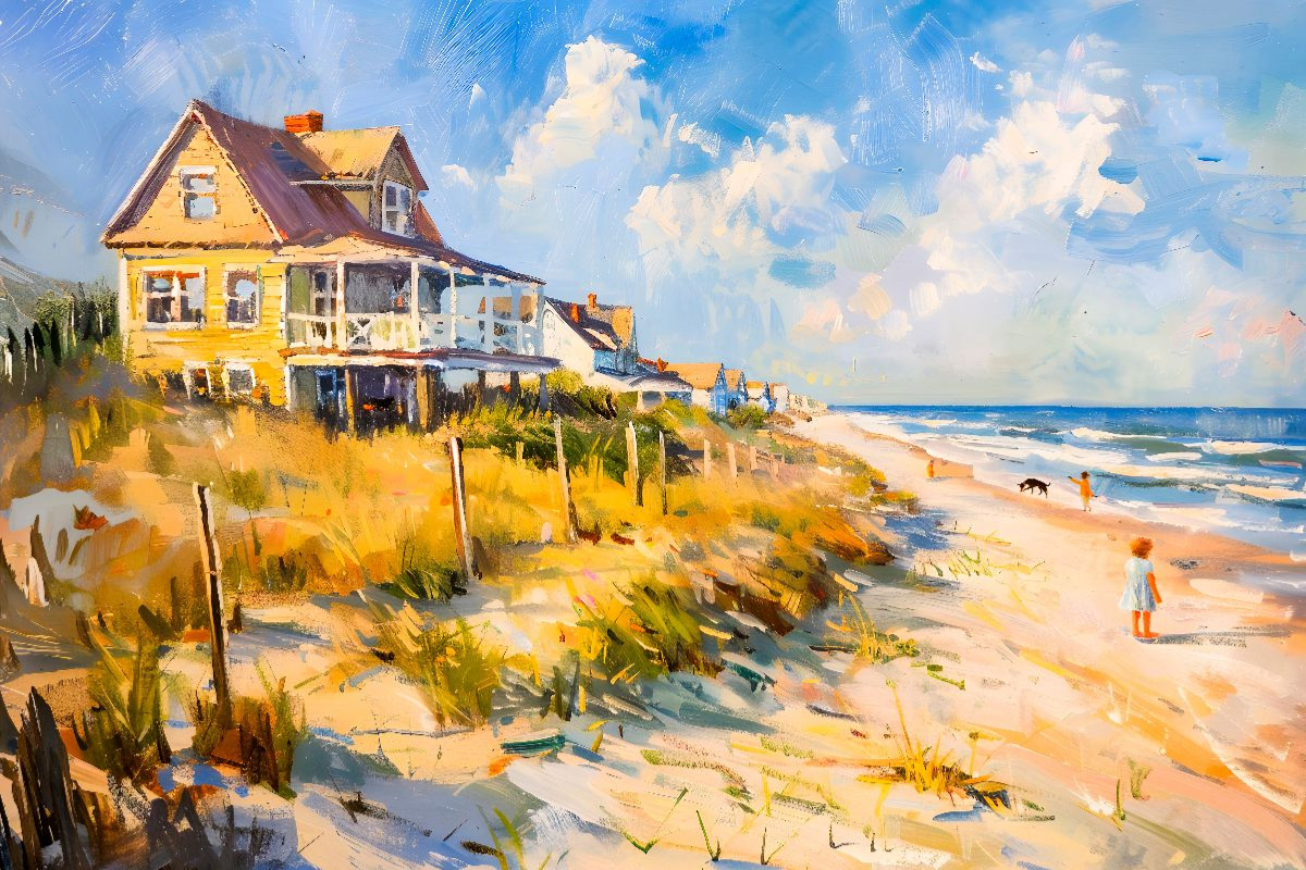 Impressionistisches Haus am Meer mit Licht, Wellen und ruhiger Atmosphäre