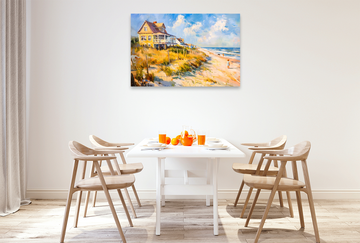 Impressionistisches Haus am Meer mit Licht, Wellen und ruhiger Atmosphäre