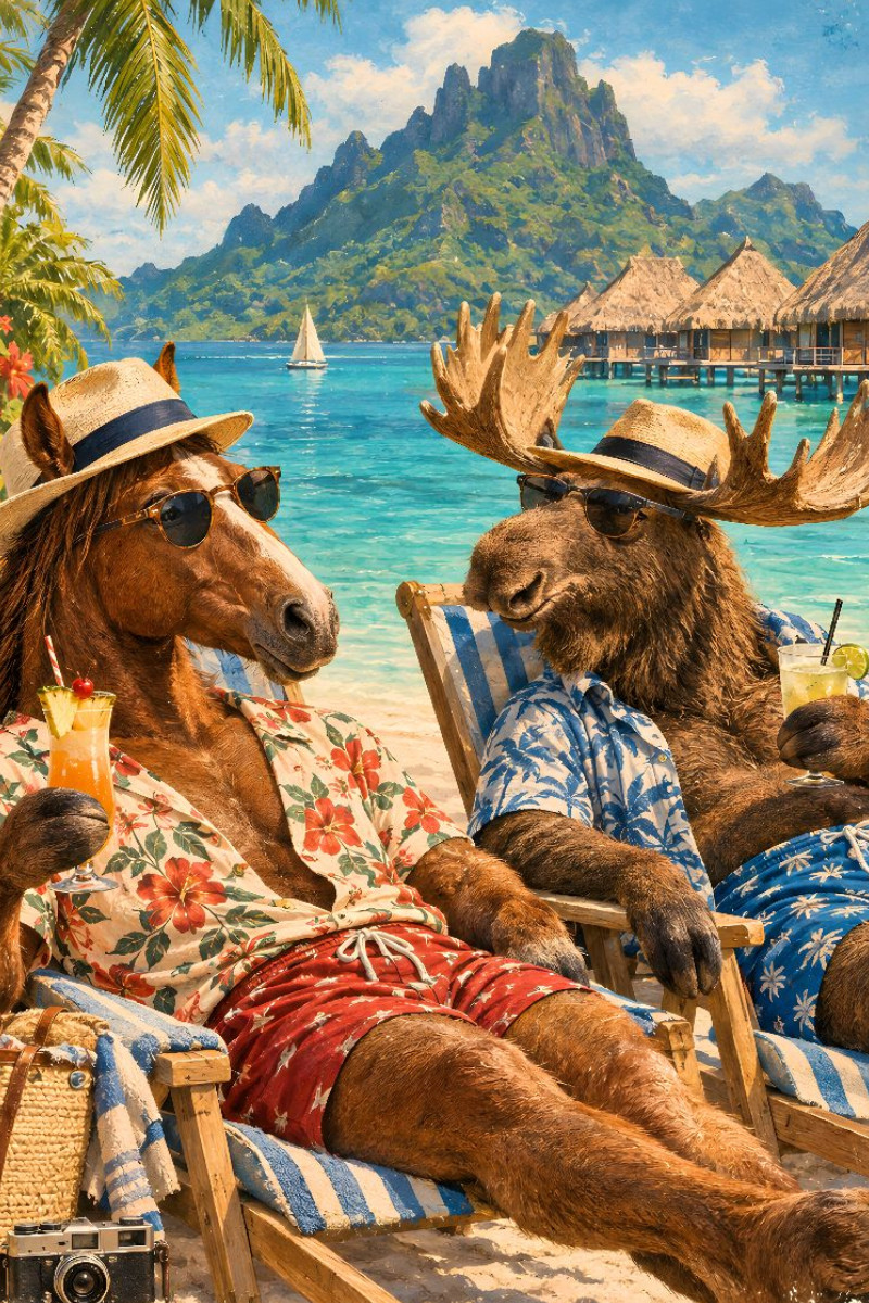 Pferd und Elch relaxen auf Bora Bora