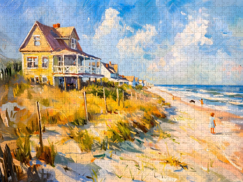 Impressionistisches Haus am Meer mit Licht, Wellen und ruhiger Atmosphäre