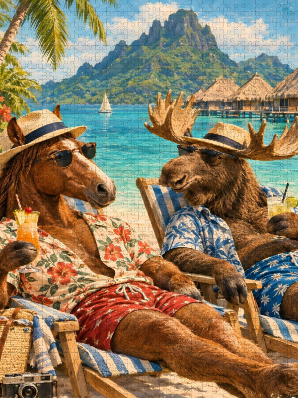 Pferd und Elch relaxen auf Bora Bora