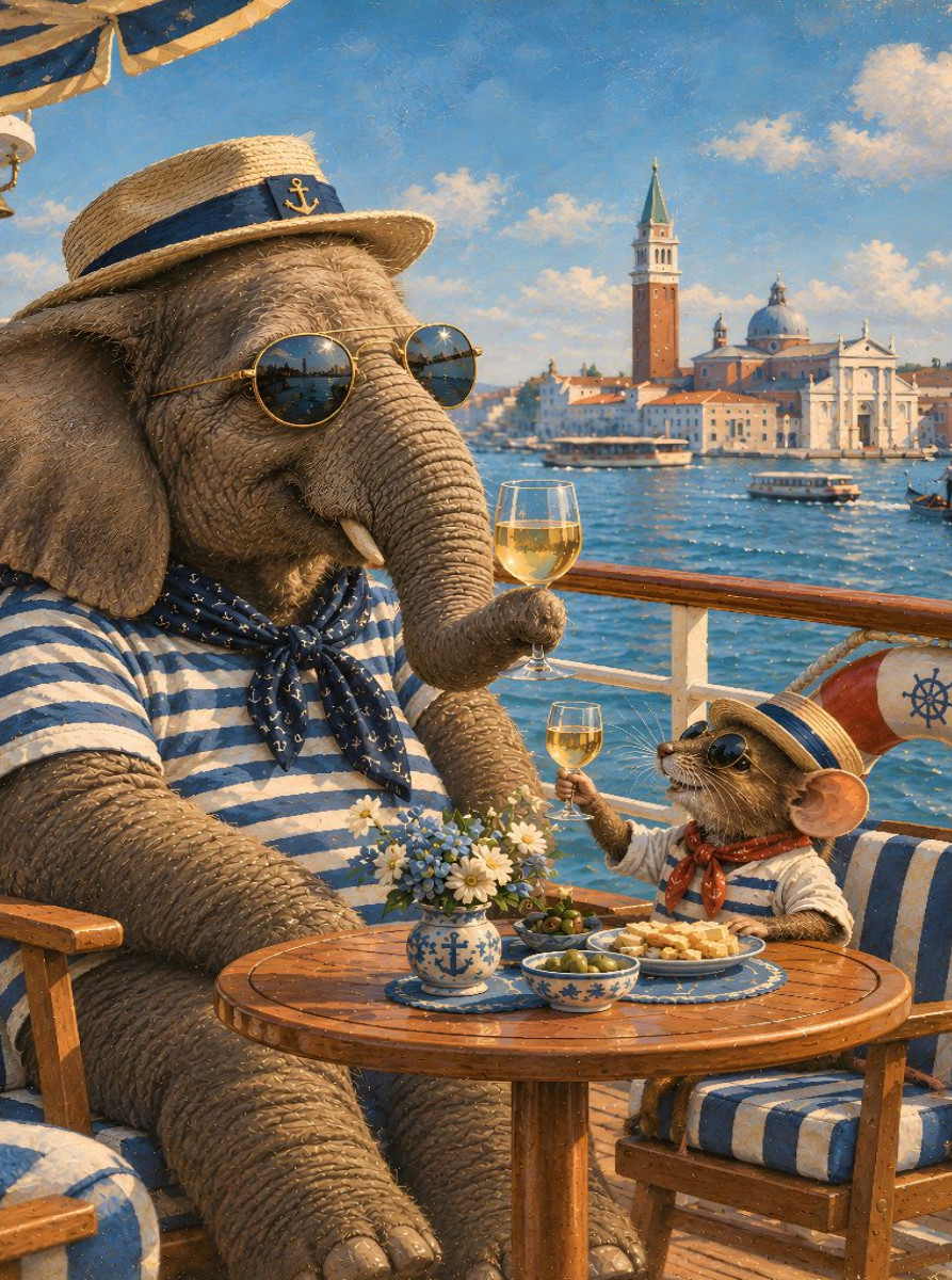 Maus und Elefant auf Kreuzfahrt vor Venedig