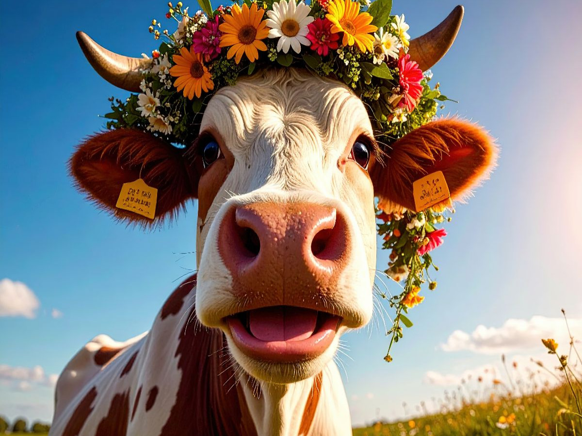 Kuh trägt Blumenkranz auf dem Kopf