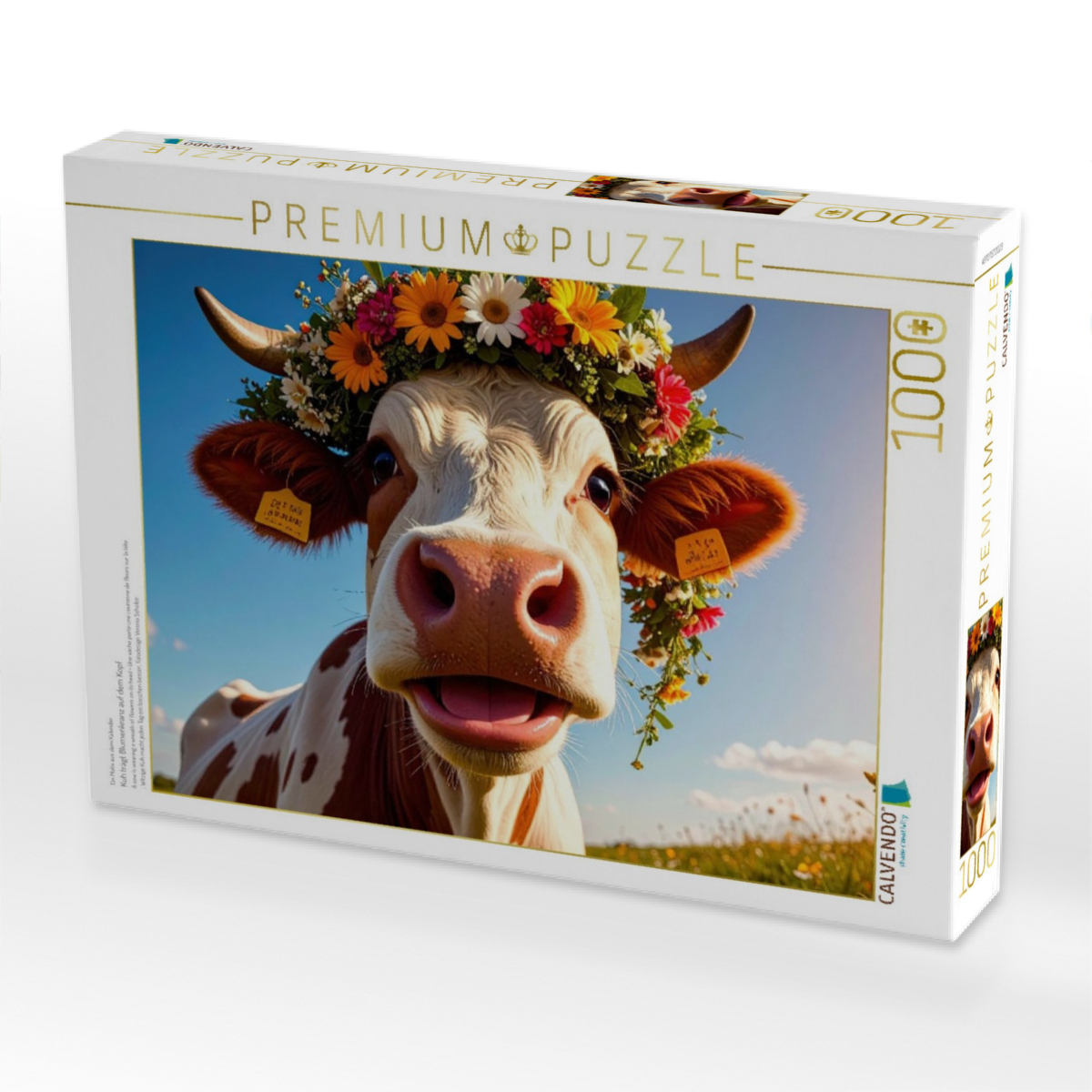 Kuh trägt Blumenkranz auf dem Kopf