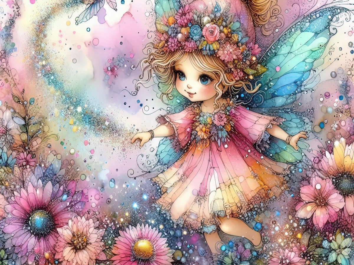 Eine kleine Fee schwebt über bunten Blumen