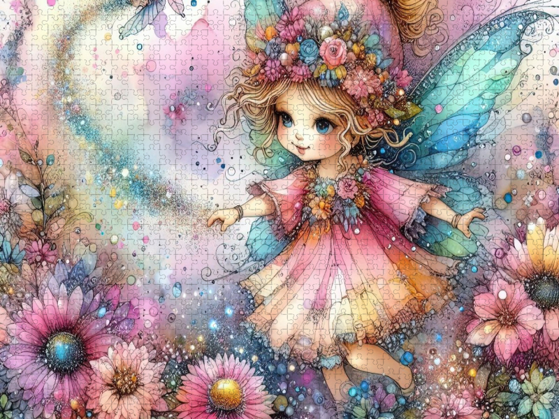 Eine kleine Fee schwebt über bunten Blumen