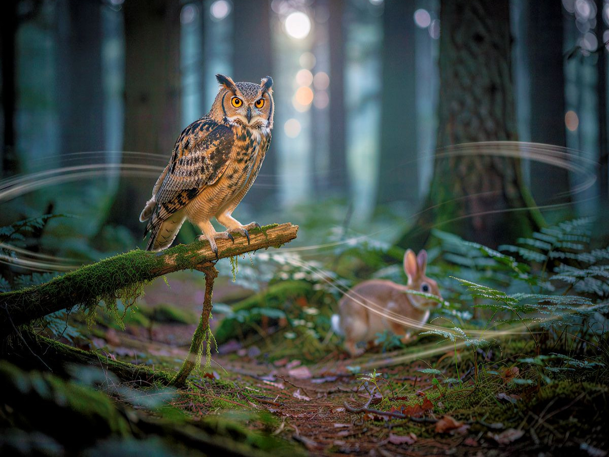 Eule im Wald mit Hase