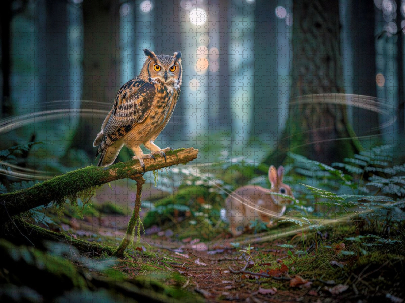 Eule im Wald mit Hase