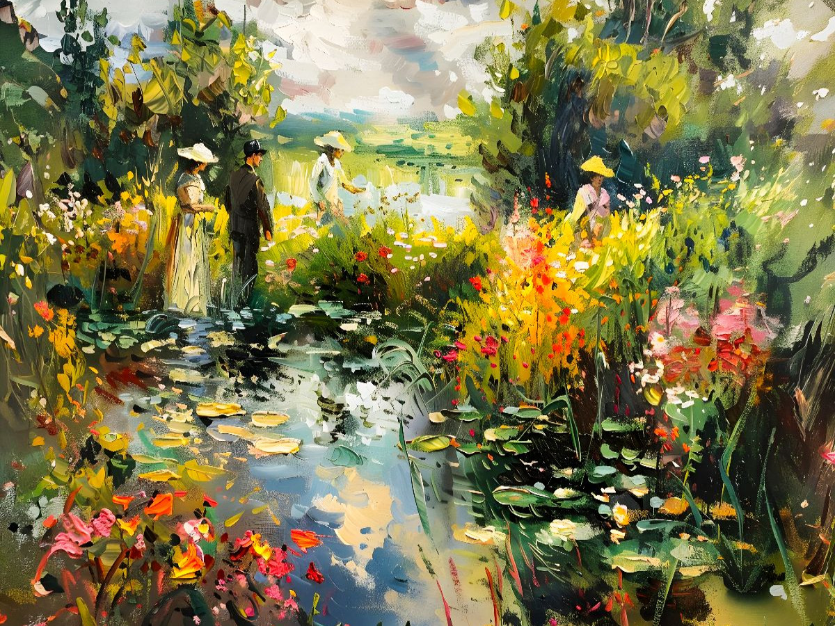 Schmale Gartenbrücke zwischen blühenden Teichen im sonnigen Park Puzzlespiel