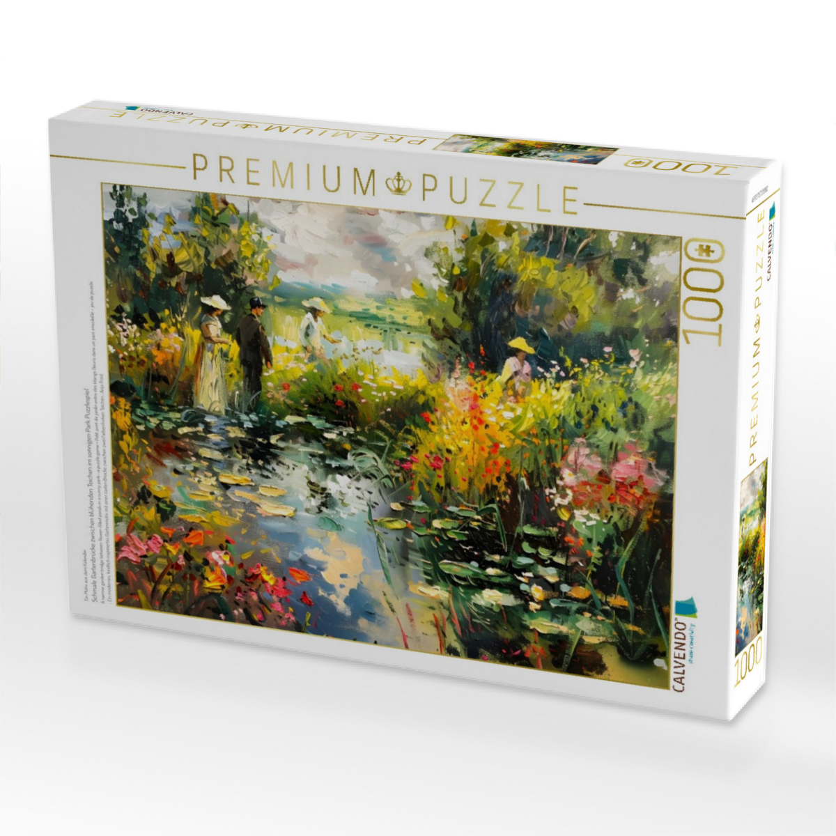 Schmale Gartenbrücke zwischen blühenden Teichen im sonnigen Park Puzzlespiel