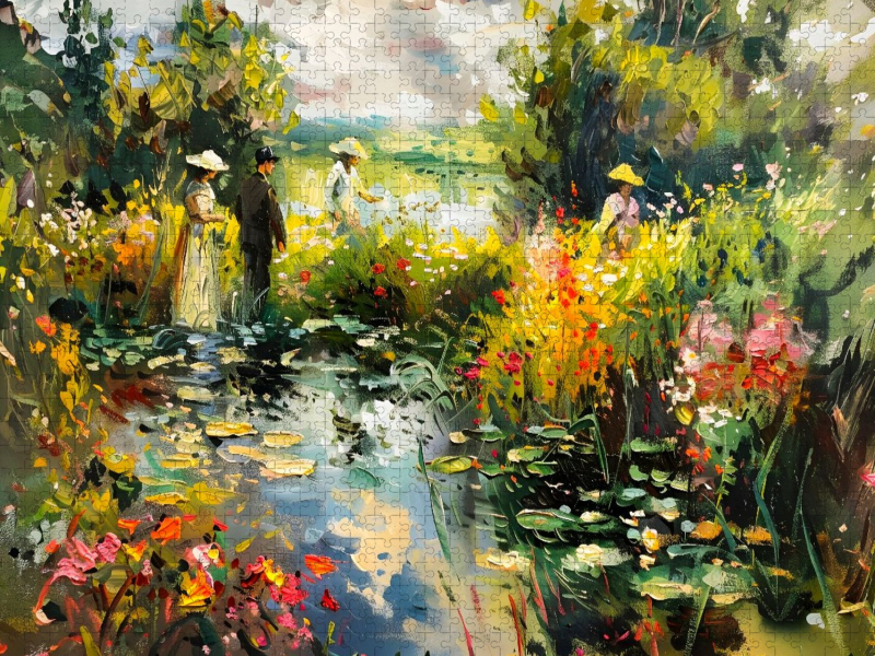 Schmale Gartenbrücke zwischen blühenden Teichen im sonnigen Park Puzzlespiel