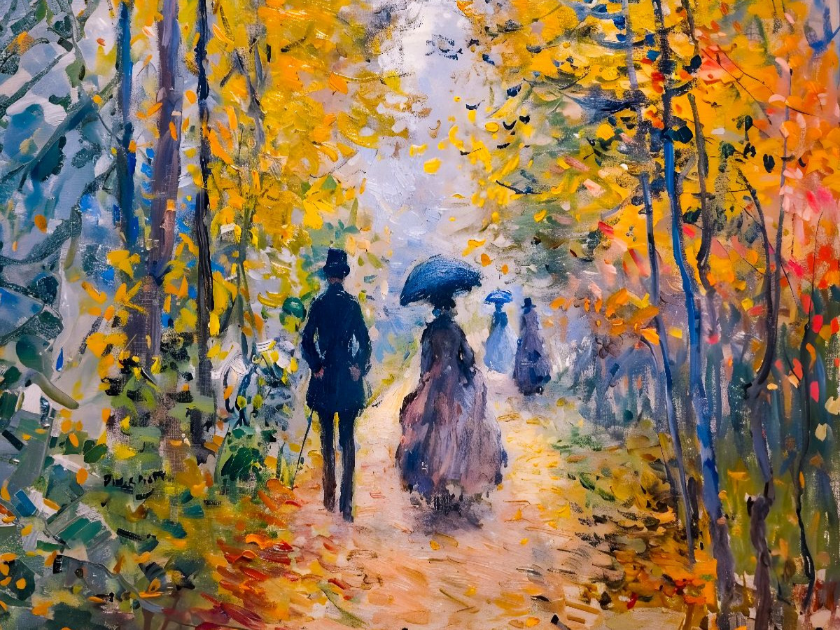 Herbstlicher Waldspaziergang Paar mit buntem Laub und Gründerzeitkleidung Puzzlespiel
