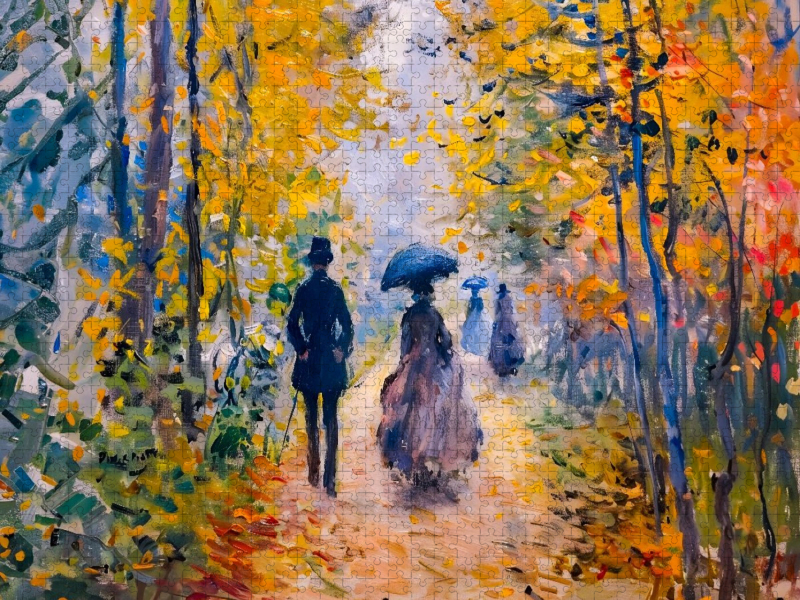 Herbstlicher Waldspaziergang Paar mit buntem Laub und Gründerzeitkleidung Puzzlespiel