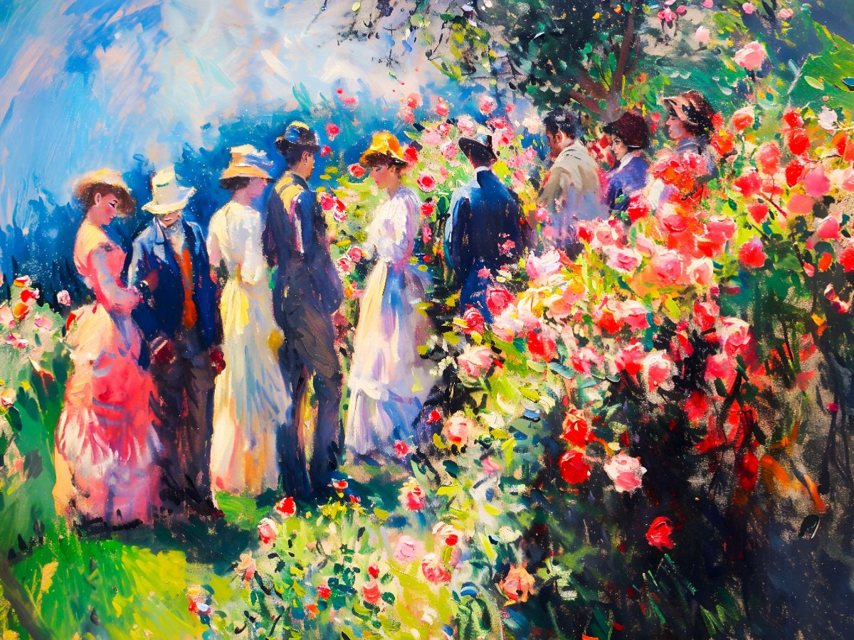 Biedermeier Gartenbesucher bestaunen Blütenpracht im romantischen Rosengarten Puzzlespiel