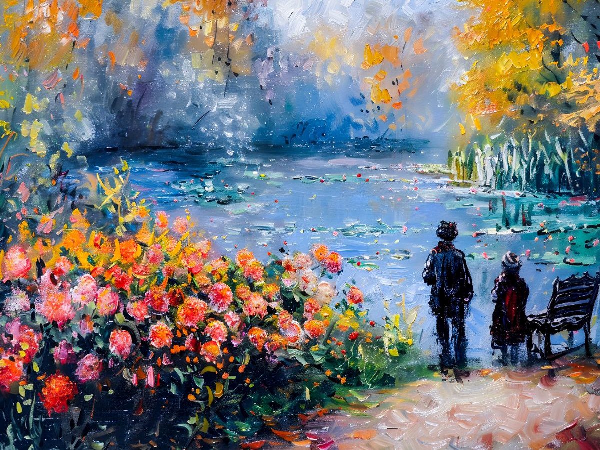 Besucher am Teich mit Bank Dahlienbeet Seerosen und Herbstlaub Puzzlespiel